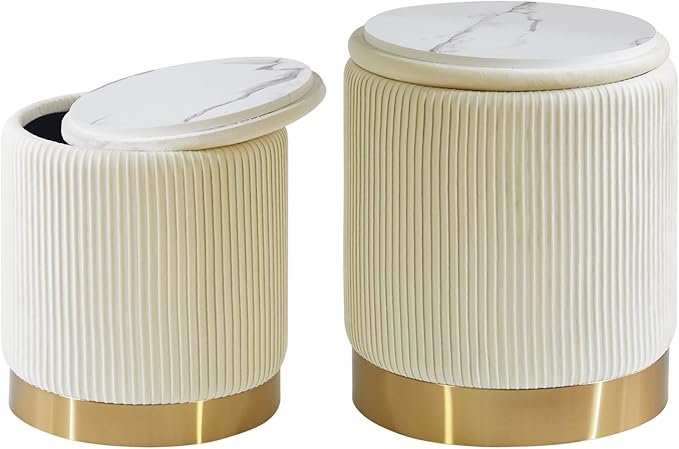 IBUYKE Round Storage Ottoman Set of 2 Ottoman for Dorm Vanity Stool with Storage Velvet FootStools End Table Boucle Ottoman for Home Organization White UWBD016W