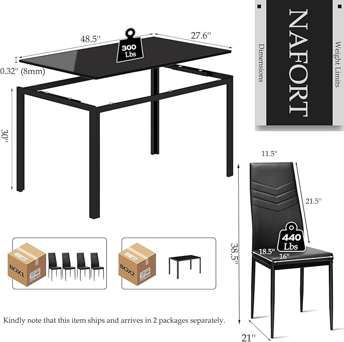 NAFORT Dining Table Set for 4, 48.5" Rectangle Tempered Glass Kitchen Room Table with 4 Black Faux Leather Dining Chairs, Space-Saving Dinner Tables with Metal Frame for Dining Room, Office, Dinette