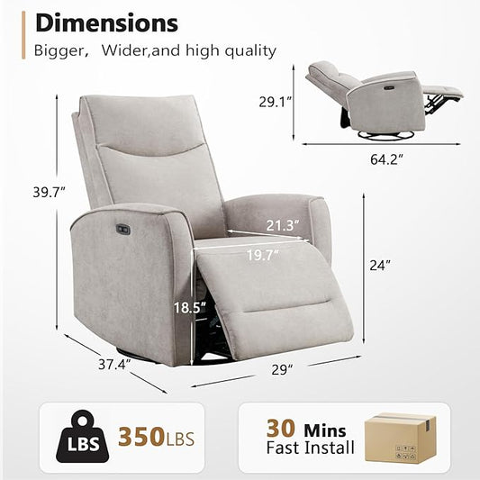 ANJ Power Swivel Recliner Chair,Electric Glider Rocker Recliner with USB Port, Nursery Recliner Sofa Soft Fabric Rocking Chairs for Living Room, Bedroom,Light Grey