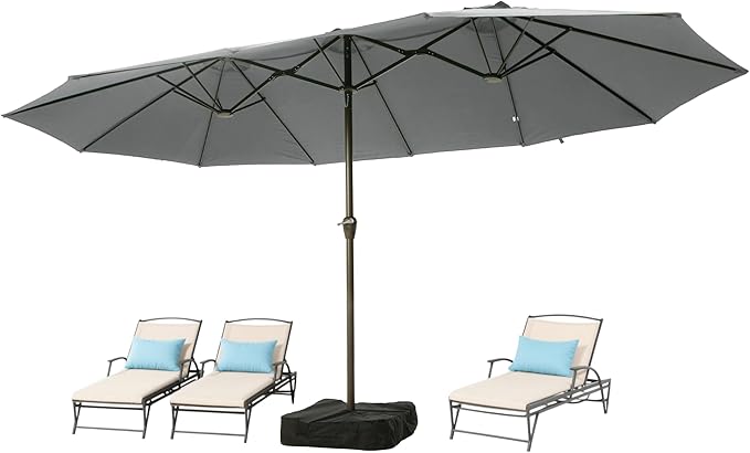 Ayge 15FT Patio Umbrella with Base,Large Outdoor Double-Sided Rectangle Umbrella with Crank Handle, Market Umbrella for Poolside Garden Deck Backyard Beach Pools,Light Gray