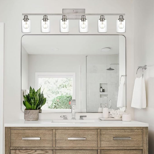 VINLUZ 6 Light Bathroom Lighting Fixture in Brushed Nickel Finish,Classic Metal Wall Mounted Lamp Over Mirror with Clear Glass Shade Industrial Vanity Light