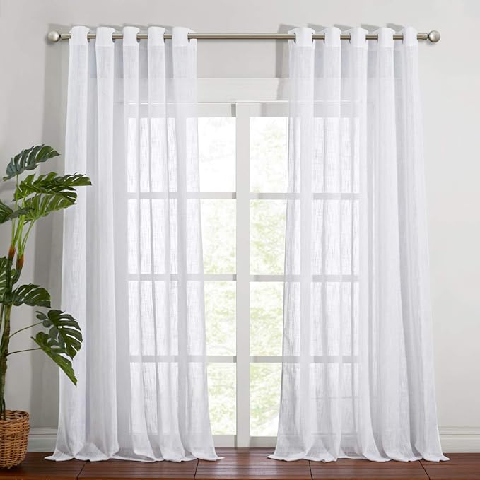 NICETOWN Semi Sheer Curtains Extra Long and Wide W70 x L108 for Living Room Windows, Grommet Faux Linen Sheer Textured Vertical Window Drapes for Sliding Glass Door/Villa, White, Set of 2