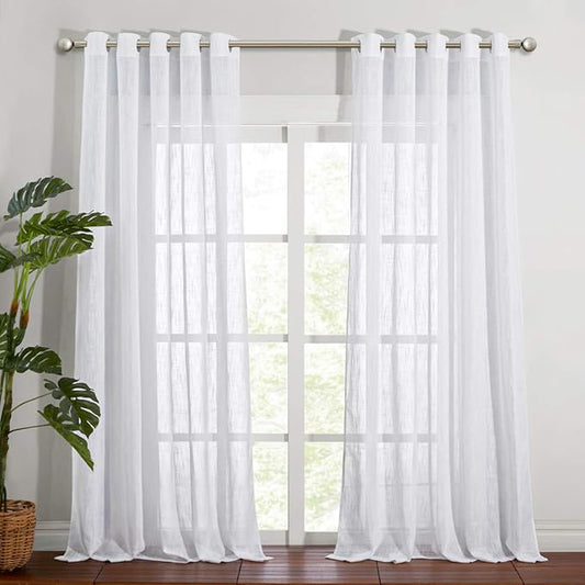 NICETOWN Semi Sheer Curtains Extra Long and Wide W70 x L108 for Living Room Windows, Grommet Faux Linen Sheer Textured Vertical Window Drapes for Sliding Glass Door/Villa, White, Set of 2