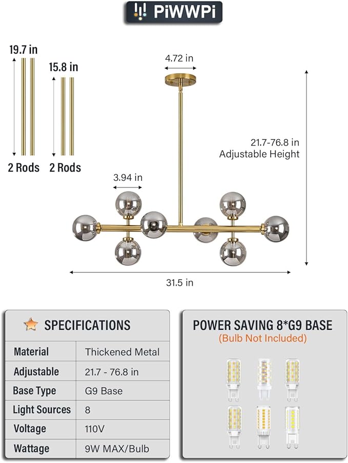 Modern Linear Chandeliers for Dining Room, 8-Light Globe Sputnik Pendant Ceiling Light, Brass Gold Dining Room Light Fixture Over Table, Mid Century Glass Smoke Grey Bubble, 31.5 Inch, GC-09