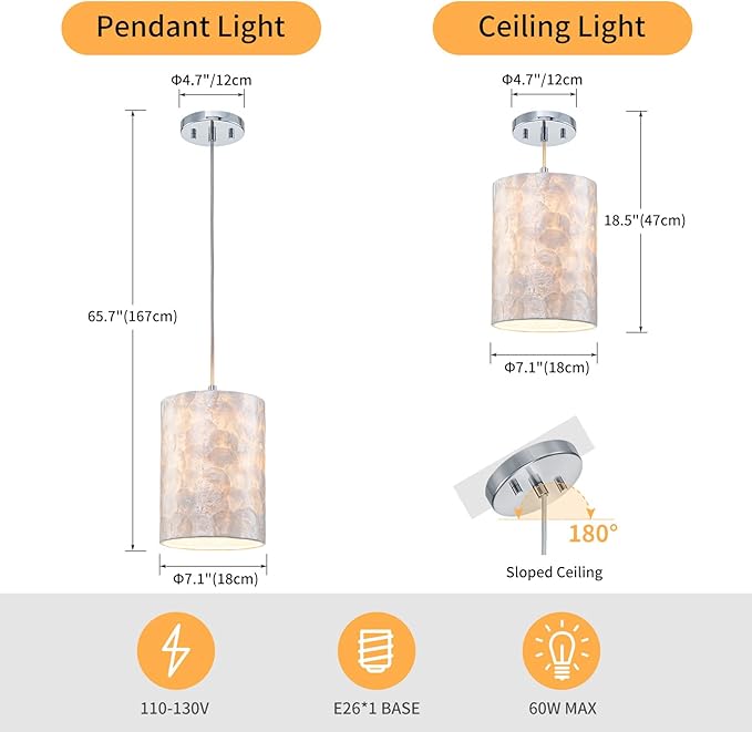 1-Light Capiz Shell Chandelier, Coastal Design Modern Pendant Light Fixture for Dining Room, Living Room, Kitchen Island, D7 x H18~66"(Adjustable Height), Shell Lampshade & Chrome Finish Frame