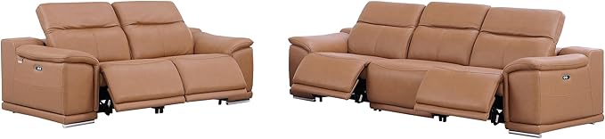 Blackjack Furniture Venice Top Grain Italian Leather Recliner 5 Seater 4 Power Reclining Seater 2 Piece Sofa Set with Adjustable Headrests Modern Seating Sofa and Loveseat for Living Room , Cognac