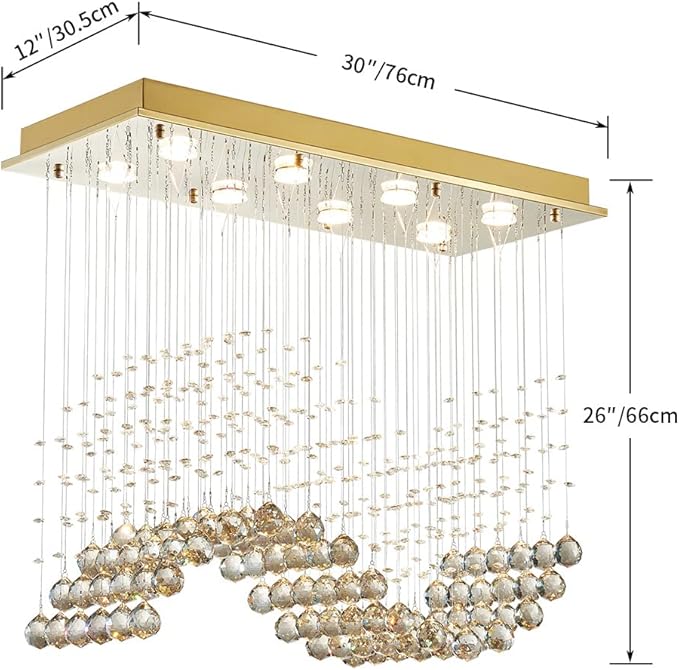 Saint Mossi 22019 8-Lights Modern K9 Crystal Chandelier Light Fixture, Raindrop Chandelier for Bedroom,Living Room,Dining Room, L30 x W12 x H26, Champagne Crystal & Light Gold Canopy