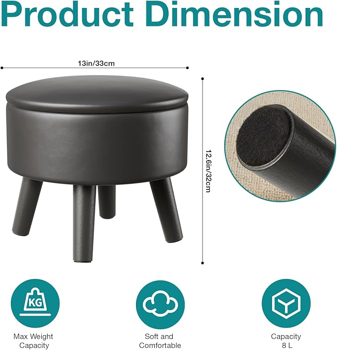 Small Foot Stool Ottoman with Storage, Faux Leather Ottoman Foot Rest for Couch, Round Footstool Ottomans for Living Room (Black)