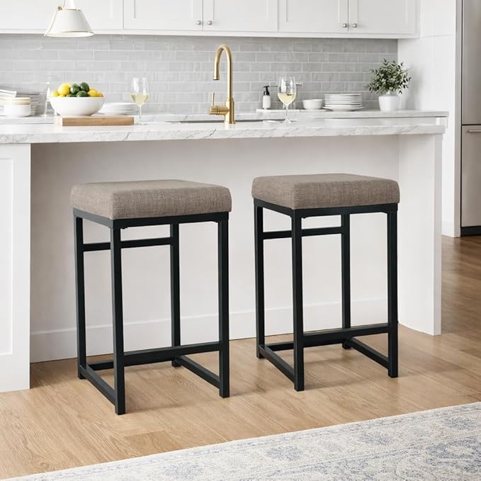 Homepop Home Decor | Modern 24-Inch Counter Stool | Backless Metal Frame Bar Stools Counter Height | Decorative Home Furniture, Brown, K7651.24-F1552