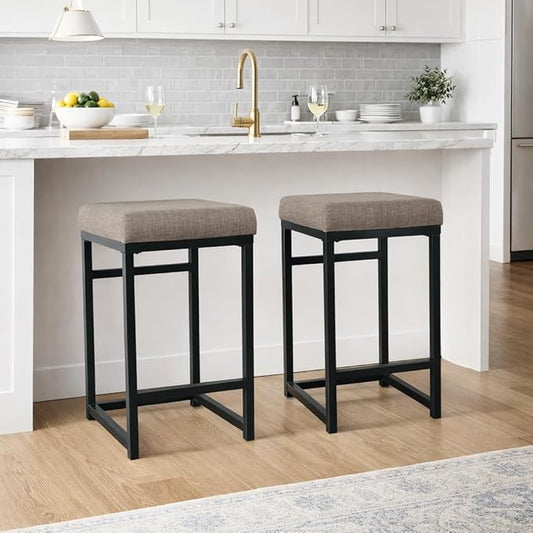 Homepop Home Decor | Modern 24-Inch Counter Stool | Backless Metal Frame Bar Stools Counter Height | Decorative Home Furniture, Brown, K7651.24-F1552