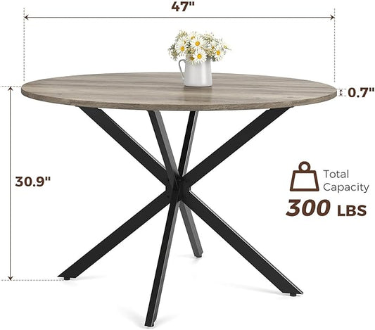 Unovivy 47 Inch Round Dining Table for 4, Space Saving Circle Dining Table with Pedestal Metal Frame, Farmhouse Wood Round Kitchen Table for Living & Dining Room, Light Ivory
