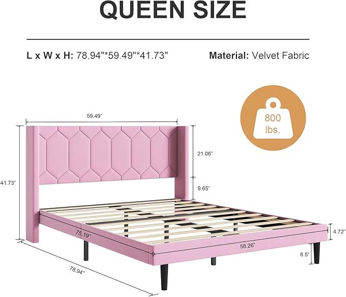 Queen Size Bed Frame with Velvet Upholstered Headboard, Platform Bed Frame No Box Spring Needed, Modern Bedframe with Strong Wooden Slats, Pink
