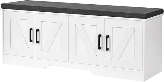 2-Tier Storage Bench, 47.2" Wide Shoe Bench with Padded Seat Cushion, Entryway Bench with 4 Barn Doors and Adjustable Shelf, White