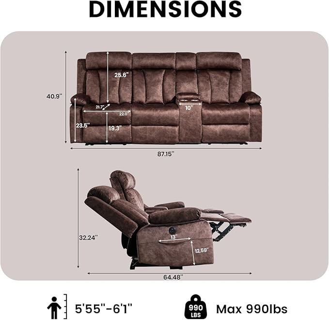 Electric Power Reclining Sofa, 3-Seater Sofa with Flip-Top Console, Massage & Heat, Recliner Couch with Storage, USB Ports, and Cup Holders - Perfect for Living Room Comfort (Brown)