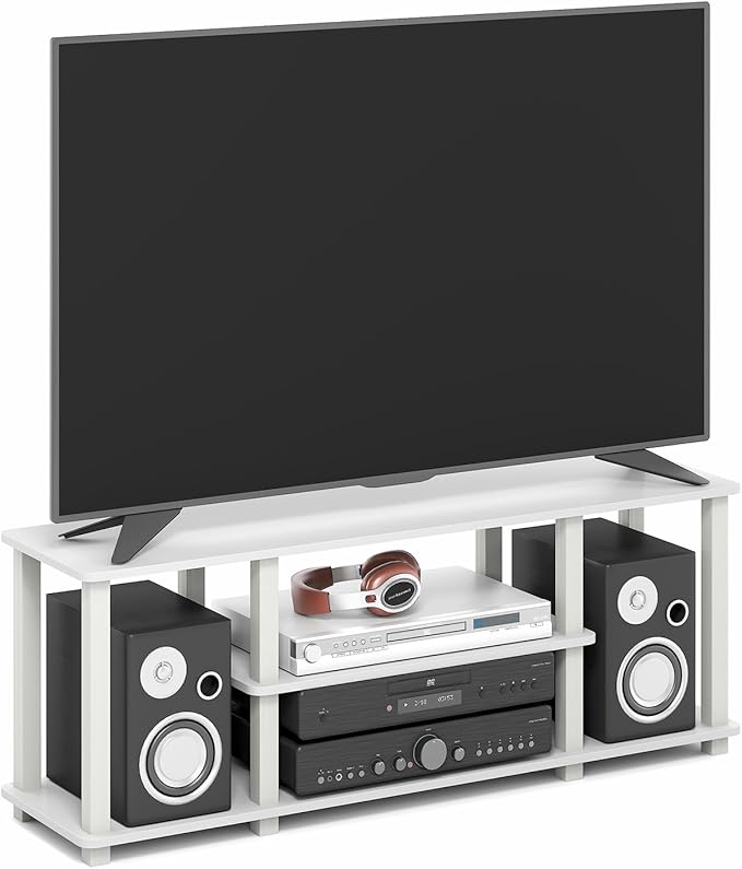 Furinno Turn-S-Tube TV Stand, 3-Tier No Tools 3D Entertainment Center with Open Shelf, TV Console for TV up to 50 Inch, with Square Tube, for Living Room, Bedroom, White