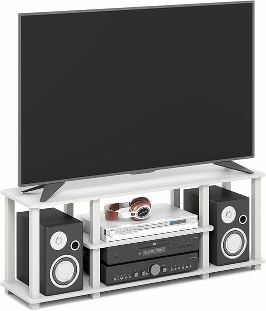 Furinno Turn-S-Tube TV Stand, 3-Tier No Tools 3D Entertainment Center with Open Shelf, TV Console for TV up to 50 Inch, with Square Tube, for Living Room, Bedroom, White