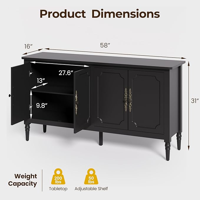 Console Table, 58'' Mid Century Modern Pantry Cabinet, Wood Buffet Sideboard, Media Credenza with 4 Doors, Accent Storage for Entryway, Living Room, Bedroom, Dining Room (Black1)