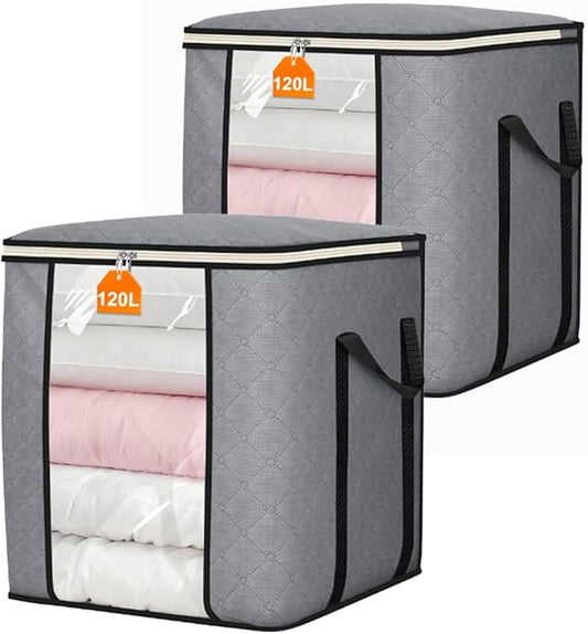 SLEEPING LAMB Extra Large 120L Blanket Storage Bags, 2 Packs Comforter Storage Bags for King Bedding Sheets and Breathable Clothes Containers for Closet Organizer Quilts, Pillows, Grey
