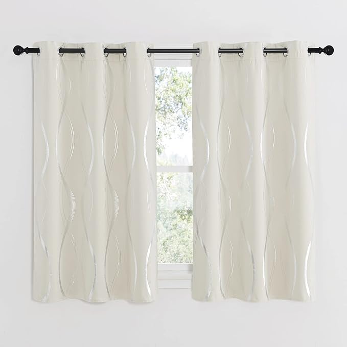 NICETOWN Bedroom Curtains Small Blackout Panels, Beige, Set of 2, 42 by 54 Inch, Window Treatment Thermal Insulated Solid Grommet Blackout Wave Line Foil Print Design Curtains for Kitchen, Cafe, Loft
