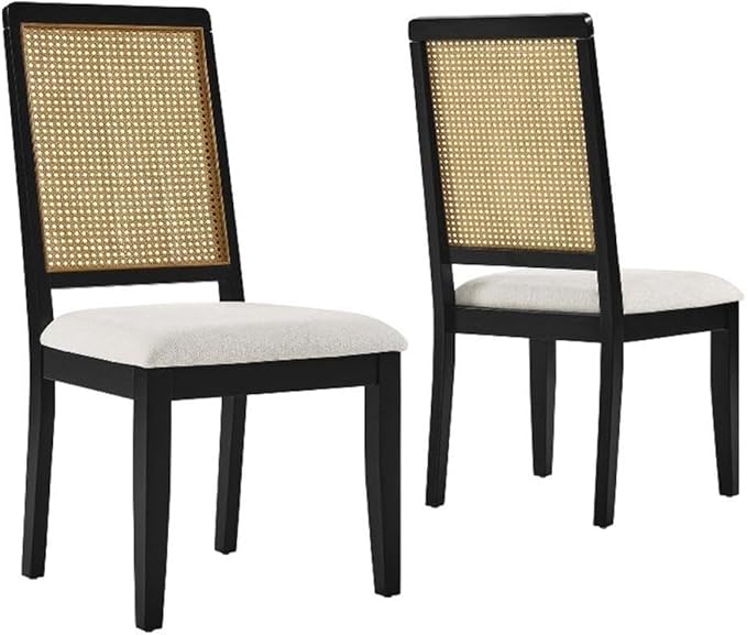 Modway Arlo Wood and Faux Rattan Dining Chairs Set of 2 in Black Natural Heathered Weave Ivory - Modern Farmhouse Accent Chairs - Fabric Upholstered Chairs for Dining Room