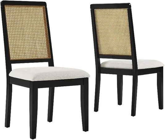 Modway Arlo Wood and Faux Rattan Dining Chairs Set of 2 in Black Natural Heathered Weave Ivory - Modern Farmhouse Accent Chairs - Fabric Upholstered Chairs for Dining Room