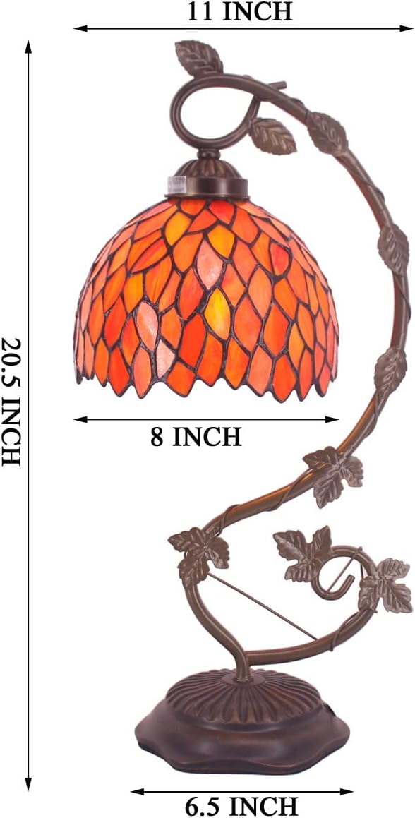 WERFACTORY Tiffany Lamp Red Wisteria Stained Glass Table Lamp, Metal Leaf Base 8X10X21 Inches Desk Reading Light Decor Small Space Bedroom Home Office S523R Series