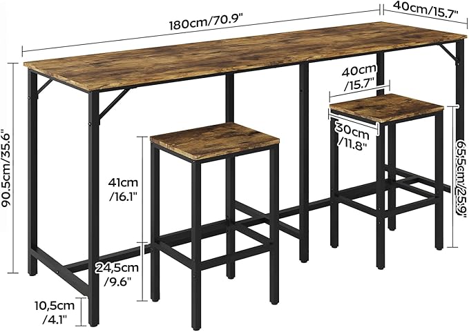 70.9" Bar Table and Chairs Set, Dining Table and Chair Sets, 3 Piece Counter Height Table and 2 Stools, Kithcen Table for Home Restaurant, Bar, Rustic Brown BT09BR