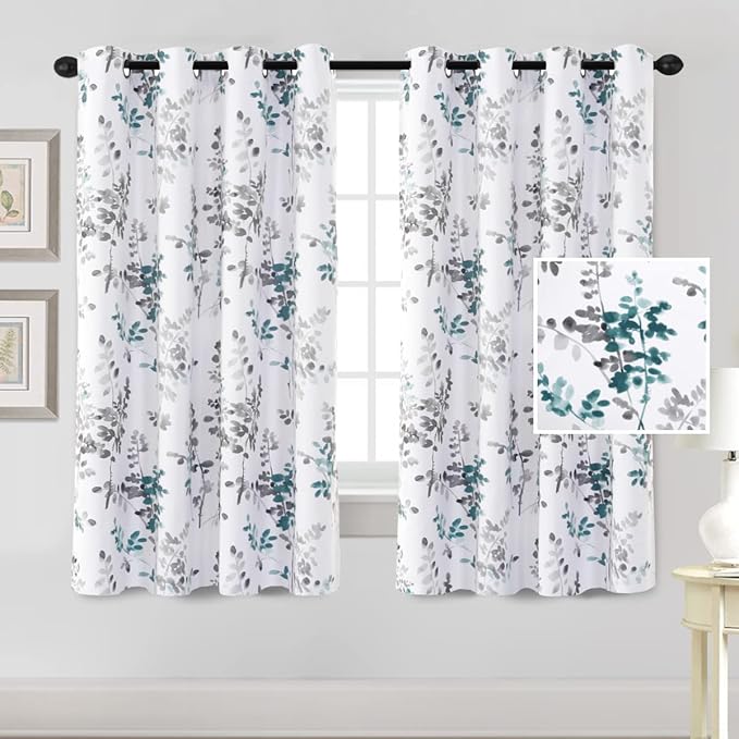 H.VERSAILTEX Room Darkening Curtains 63 Inches Long 2 Panels Floral Curtains and Drapes for Bedroom Light Blocking Thermal Insulated Grommet Window Curtains for Living Room, 2 Panels, Grey and Teal