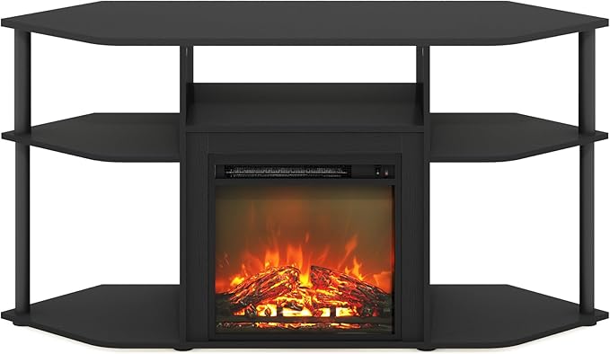 Furinno Jensen Fireplace TV Stand, Corner Entertainment Center, TV Console for TV up to 55 Inch with Fireplace, Plastic Poles and Open Storage, for Living Room, Bedroom, Americano