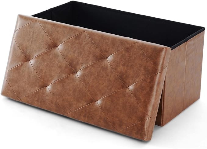DUMOS 30 Inches Folding Ottoman with Storage Bench, Foot Rest Stool, End of Bed Storage Bench Upholstered, Load 660 lbs, for Living Room, Lychee Grain Leather, Brown