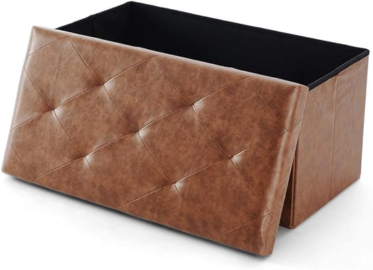 DUMOS 30 Inches Folding Ottoman with Storage Bench, Foot Rest Stool, End of Bed Storage Bench Upholstered, Load 660 lbs, for Living Room, Lychee Grain Leather, Brown