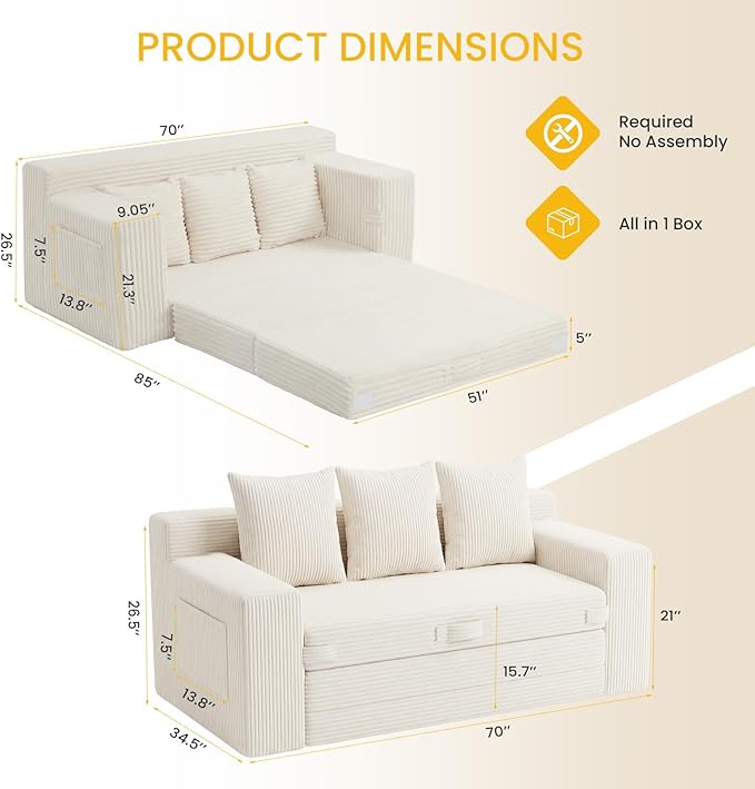 Boneless Couch,3 Seater Boneless Couch Bed – 3-in-1 Convertible Sleeper Sofa with Side Pockets & Handle,Pull Out Corduroy Futon for Small Space,Living Room & Bedroom, 3 Pillows Included,No Assembly