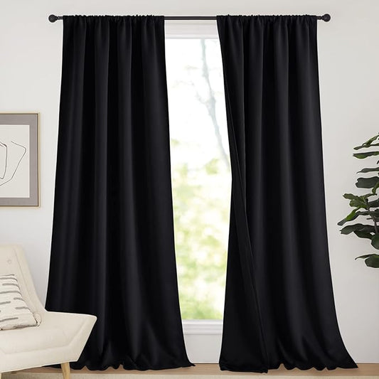 NICETOWN Extra Long Truly Blackout Drapes for Hall and Villa, 100% Blackout Window Curtain Panels with Black Lined for Night Shift Worker, 52 inches Width Each Panel, 108-inch Length, Black, 2 Pieces