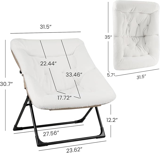 Comfy Saucer Chair for Adults, Soft Faux Fur Bedroom Chair, Accent Dorm Chairs, Flexible Living Room Reading Chairs, Oversized Folding Seat for Teens, X-Large, White