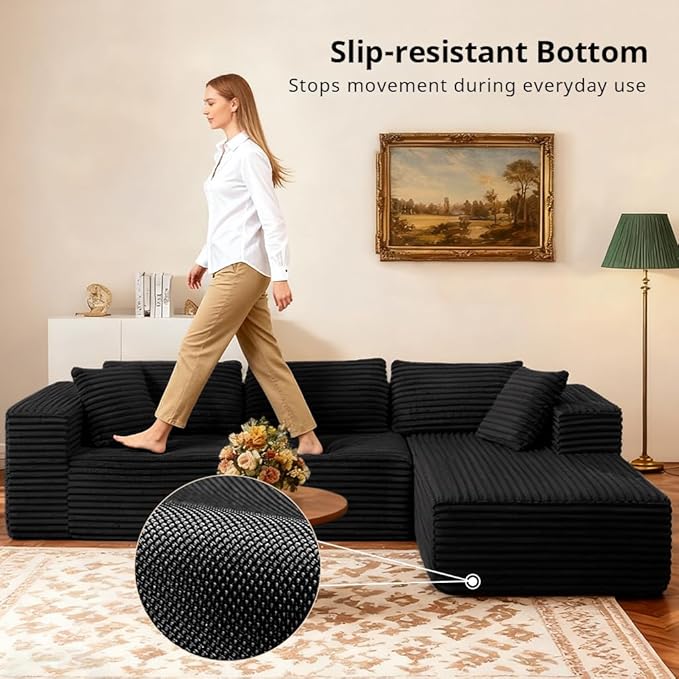 COMHOMA 105”Modular Sectional Sofa with Deep Seat,Cloud Upholstered L-Shape Couch Wide Arms Corduroy Fabric High-Density Foam Chaise Lounge for Living Room No Assembly Required