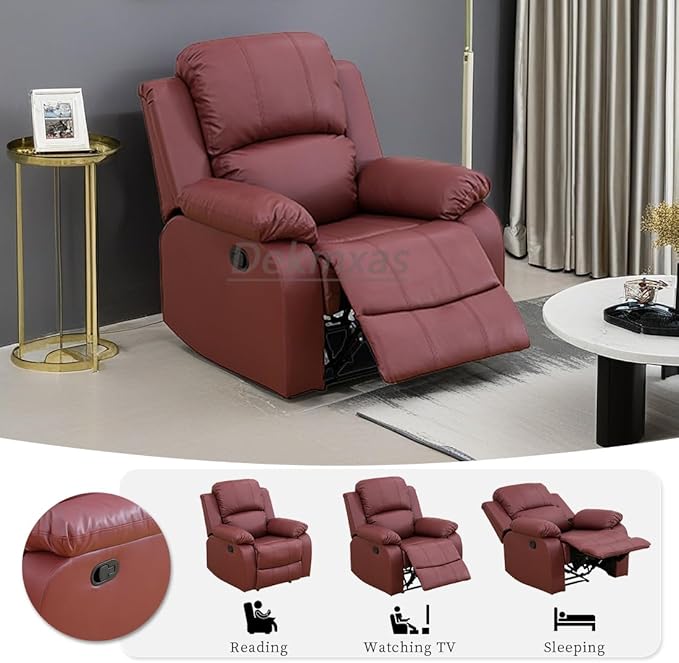Vegan Leather Recliner Chair Modern Manual Recliner Home Theater Seating Living Room Furniture Wall Hugger Reclining Chair with Armrest/Lumbar Support for Home/Office/Rv Car (Red, Chair)