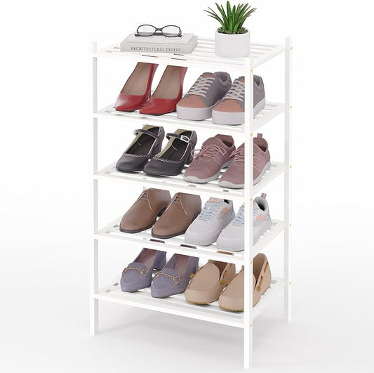 Smiry Small Bamboo Shoe Rack 5-Tier, Stackable Wooden Shoe Organizer for Entryway & Closet, Free Standing Wood Shoe Storage Shelf for Front Door & Small Spaces, White