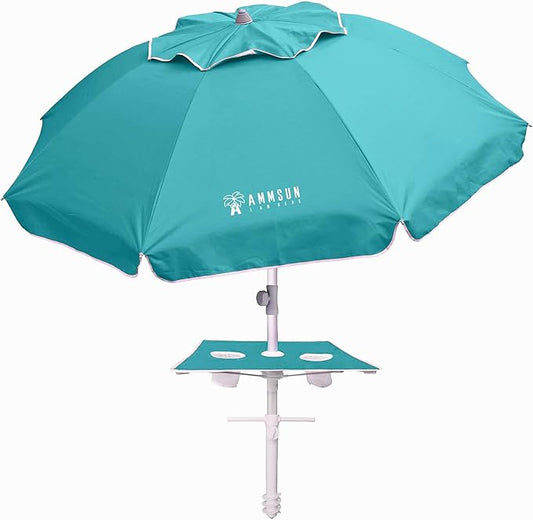 AMMSUN 7ft Heavy Duty High Wind Beach Umbrella with sand anchor, Built-in Table Tray & Tilt Pole, Air Vent, UPF 50+ Windproof Portable Outdoor Umbrellas Carry Bag for Patio Garden Pool Backyard (Teal)