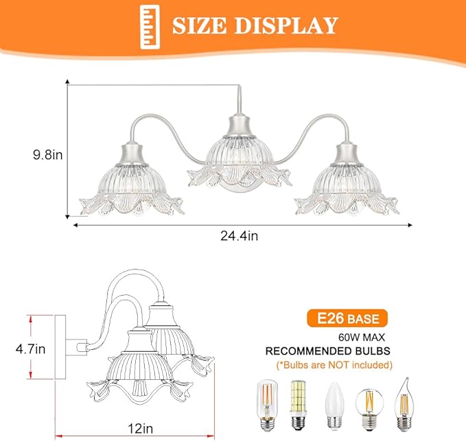 3-Light Bathroom Vanity Light, Brushed Nickel Vintage Vanity Light Fixtures Over Mirror, Bathroom Light with Flower Crystal Glass Shade, Art Deco Wall Sconce Lighting for Bedroom, Living Room