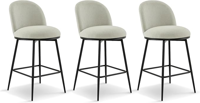 Swivel Bar Stools Set of 3, 26" H Upholstered Linen Fabric Barstools with Backs,Counter Height Stools with Metal Legs for Kitchen Island,Grey,1 Box