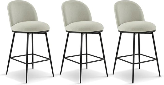 Swivel Bar Stools Set of 3, 26" H Upholstered Linen Fabric Barstools with Backs,Counter Height Stools with Metal Legs for Kitchen Island,Grey,1 Box