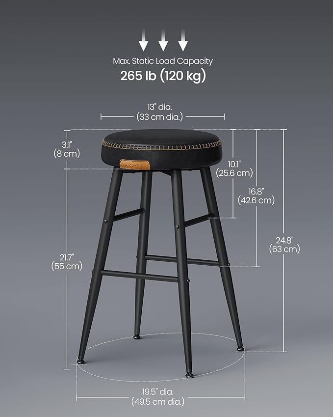 VASAGLE EKHO Collection - Bar Stools Set of 2, Counter Height Bar Stools, Kitchen Counter Stools, Mid-Century Modern Backless Counter Stools, 24.8-Inch Tall, Kitchen Island Home Bar, Ink Black
