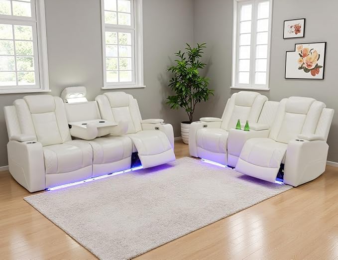 Leather Power Recliner Sofa Set, Living Room Furniture Sets, 2 Piece Reclining Sofa Set with LED, Modern Recliner Couches with Arm Storage/Cup Holders/Charging Ports for Home Theater/Office