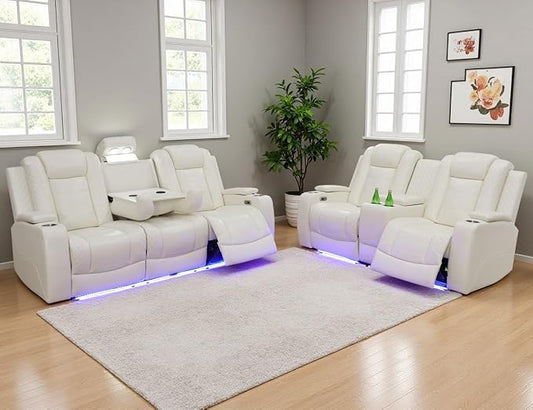 Leather Power Recliner Sofa Set, Living Room Furniture Sets, 2 Piece Reclining Sofa Set with LED, Modern Recliner Couches with Arm Storage/Cup Holders/Charging Ports for Home Theater/Office