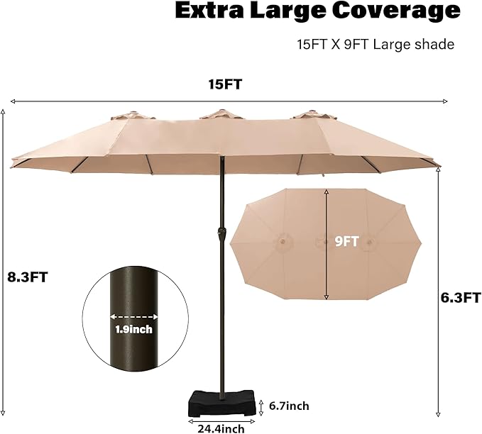 Ayge 15ft Large Outdoor Patio Umbrella with Table & Base - Double-Layer UV Resistant Fabric, Easy Crank Handle for Pool, Garden & Lawn