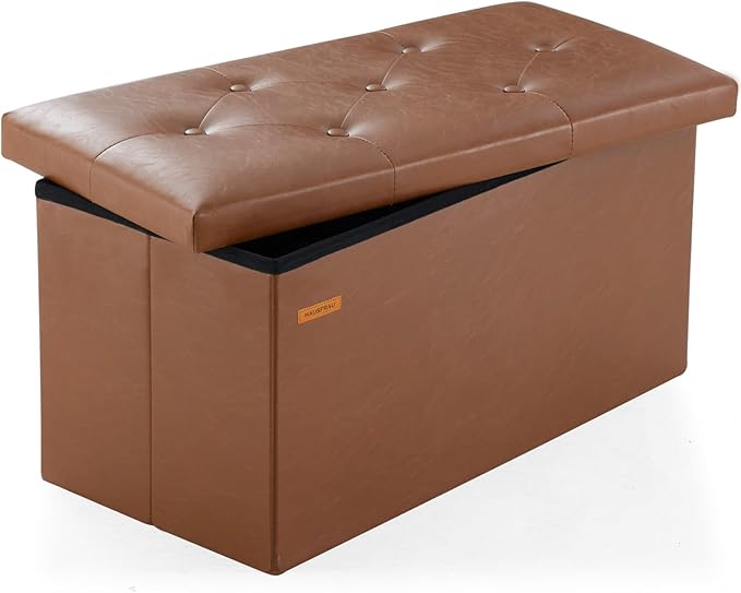 HAUSFRAU - Storage Ottoman Bench, 30 Inches Button Tufted Upholstered Ottoman Footstool with Storage for Living Room Bedroom Entryway, Load 660 lb, Synthetic Leather, Brown