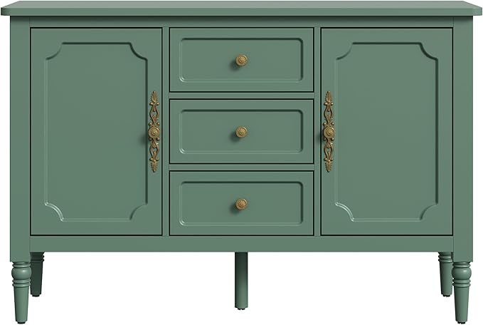 RoyalCraft Buffet Cabinet with 3 Drawers & 2 Doors, Vintage Sideboard with Storage, Mid Century Modern Painted Coffee Bar Table for Entryway, Living Room, Dining Room, Green