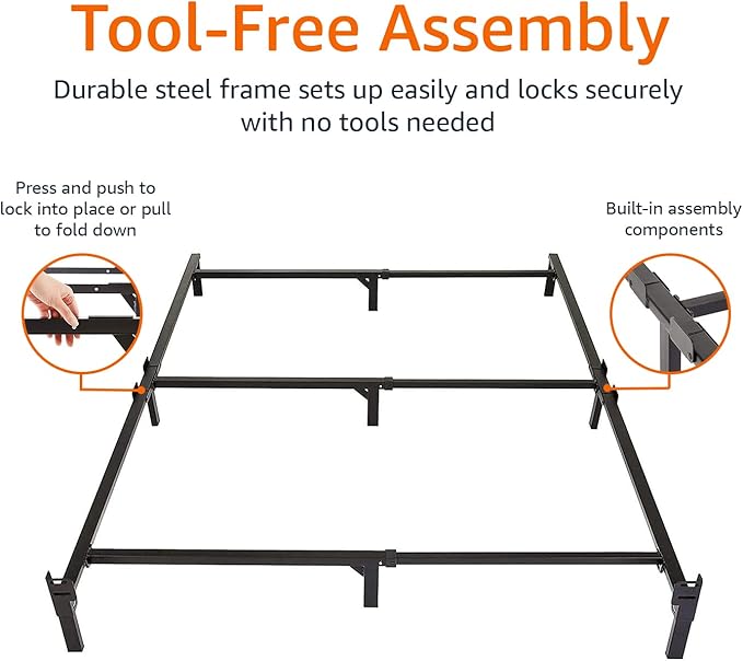 Amazon Basics Metal Bed Frame, 9-Leg Support Base for Box Spring and Mattress, Tool-Free Easy Assembly, No Tools Required, Full Size, Black
