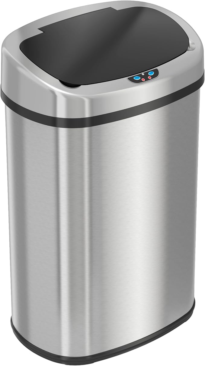 iTouchless 13 Gallon Oval Sensor Trash Can with Odor Filter, Fingerprint-Proof Stainless Steel, 50 Liter Automatic Kitchen Garbage Bin, Smart Hands-Free Motion Lid, Quiet Soft-Close, Brushed Silver