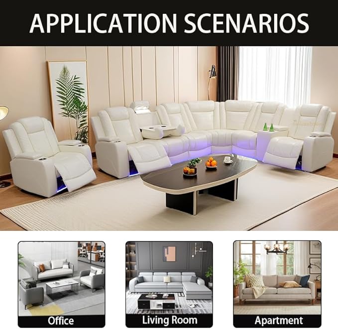A Ainehome Power Leather Reclining Sectional Sofa Set, Living Room Furniture Set, Power Recliner Sectional Sofa Couch with USB Port/Storage Console for Living Room/Office(Off-White)